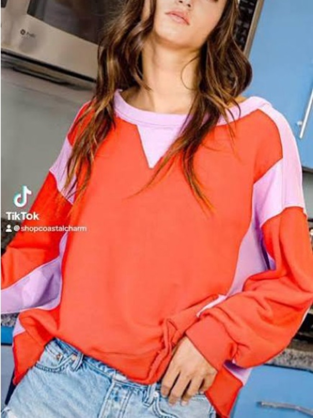 BUCKETLIST Coral and Lavender Colorblock Pullover